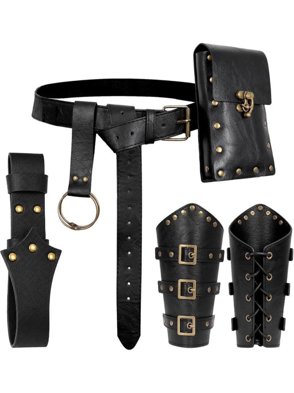 Renaissance Black C Belt Pouch Set Studded Leather Bracers & Drawstring Bag